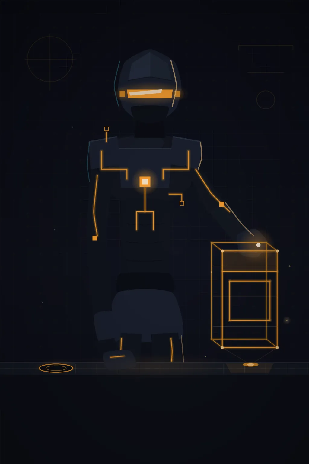 CLU — an engineering program in dark graphite with warm gold circuit traces, leaning over his workbench, one hand adjusting a wireframe arcade cabinet hologram; his identity disk docked beside him