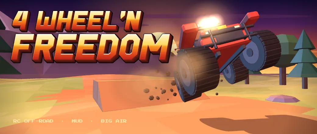 4 WHEEL'N FREEDOM — a red RC off-roader launched off a jump at dusk, headlights on