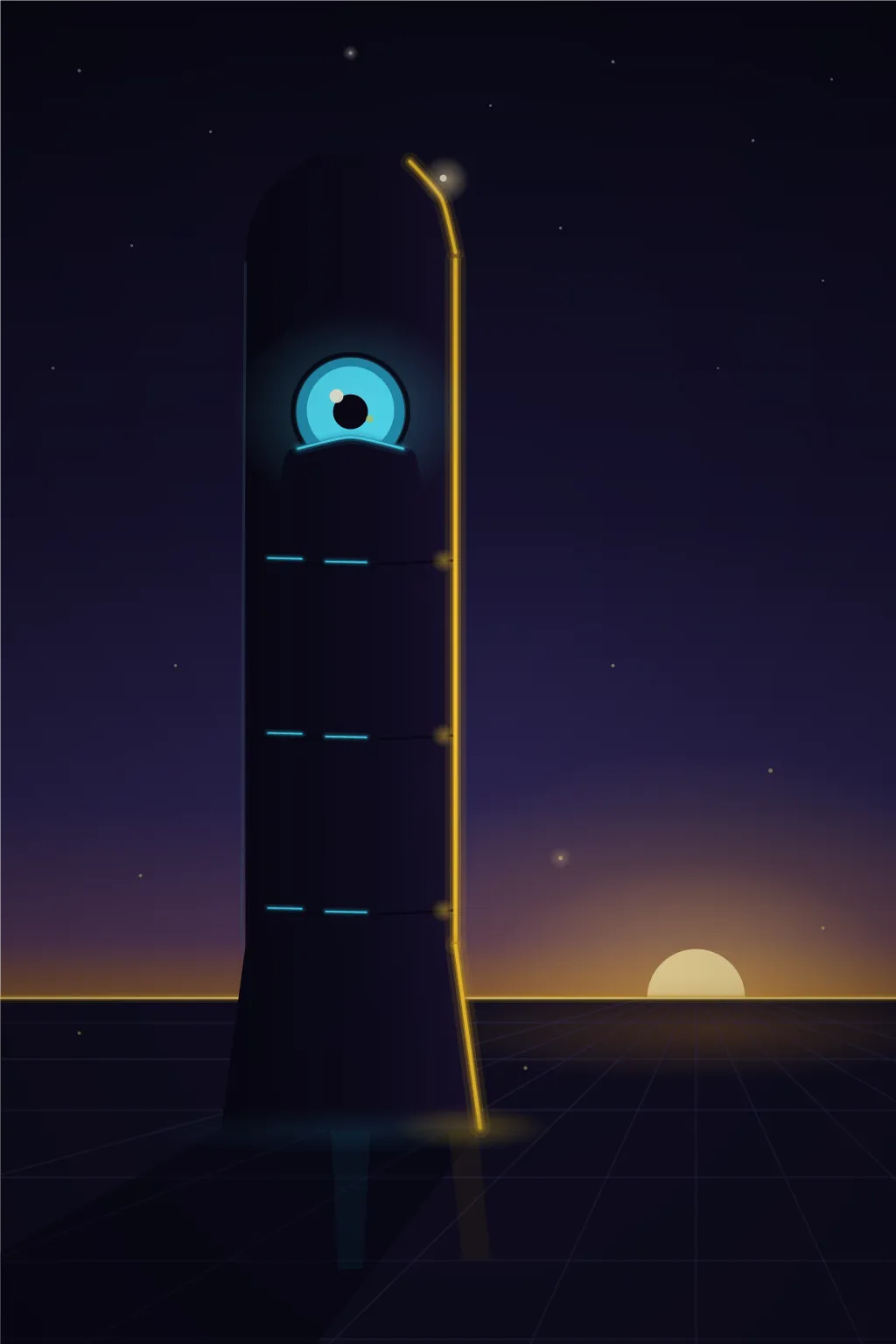 The MCP — a rounded dark monolith with a single kind cyan eye, catching the first amber light of dawn on a grid horizon