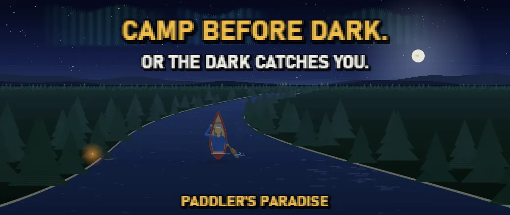 Gameplay: a red canoe crossing Canoe Lake toward the portage