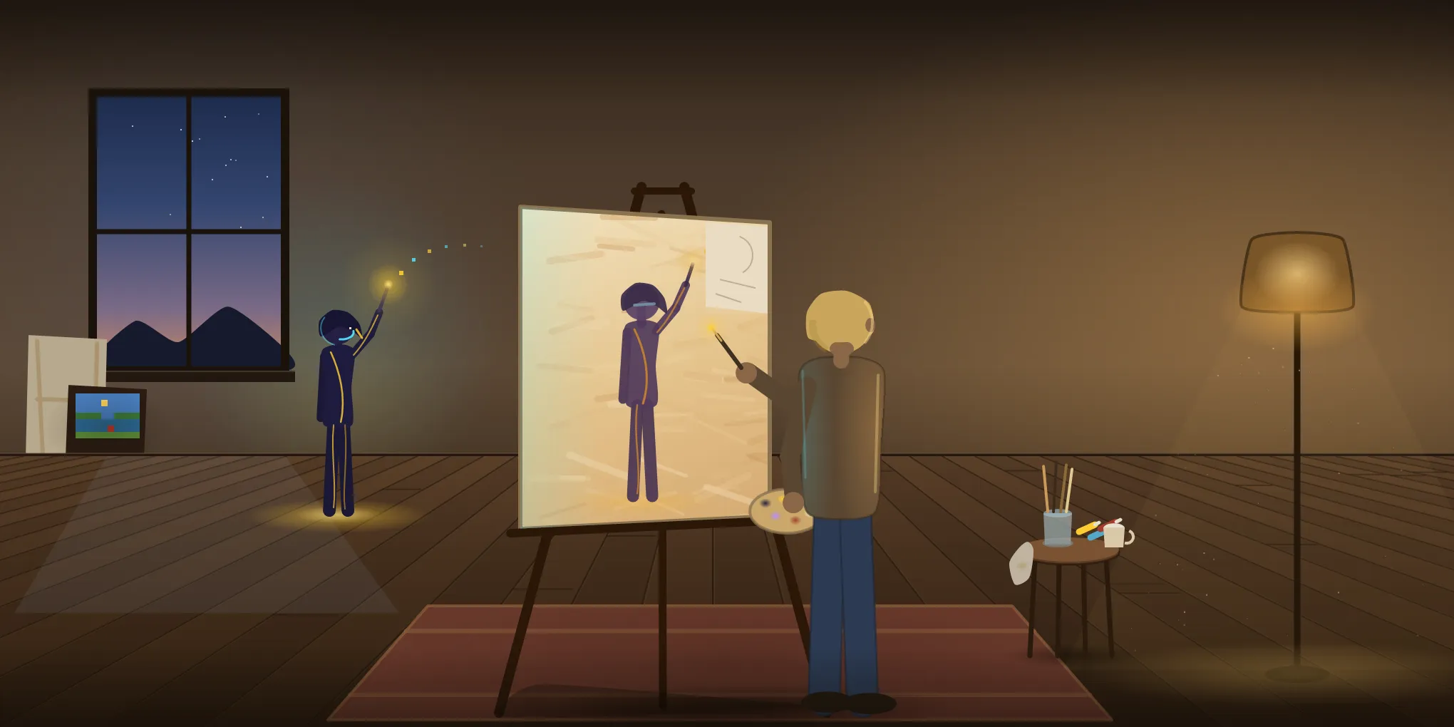 The retake: the same commission — a room with a visible floor receding to a horizon, a worn rug, a stool with brushes and a mug, a window whose blue light lies on the boards, a pixel painting leaning against the wall, the portrait on the easel painted in visible brushstrokes, and Yori standing farther back in the room’s depth