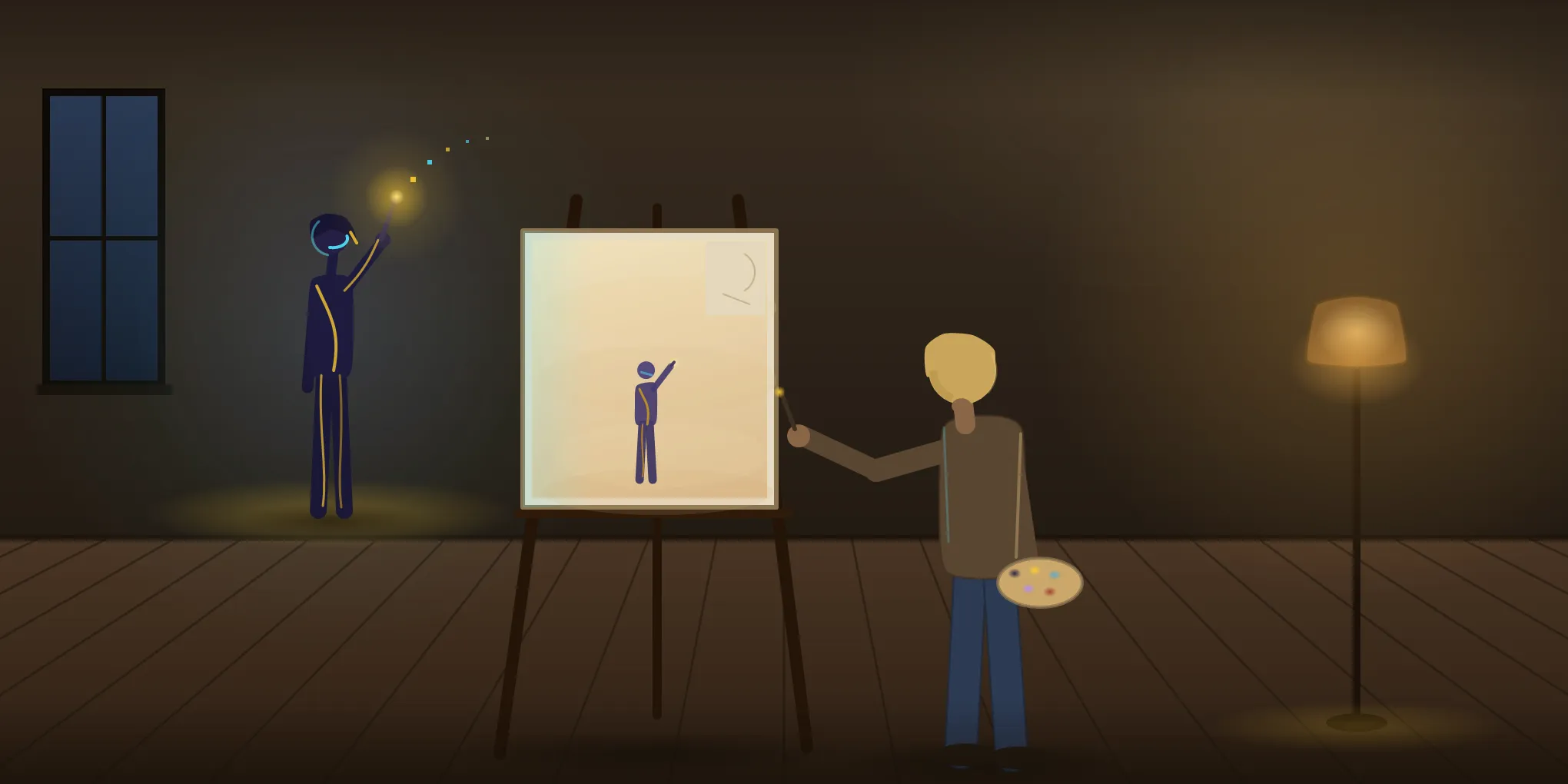 The first version: Evrtek from behind at an easel in a dim warm room, a floor lamp on the right, a dusk window on the left, a small warm figure on the canvas, and Yori standing grid-lit at the back, amber pooling at her feet