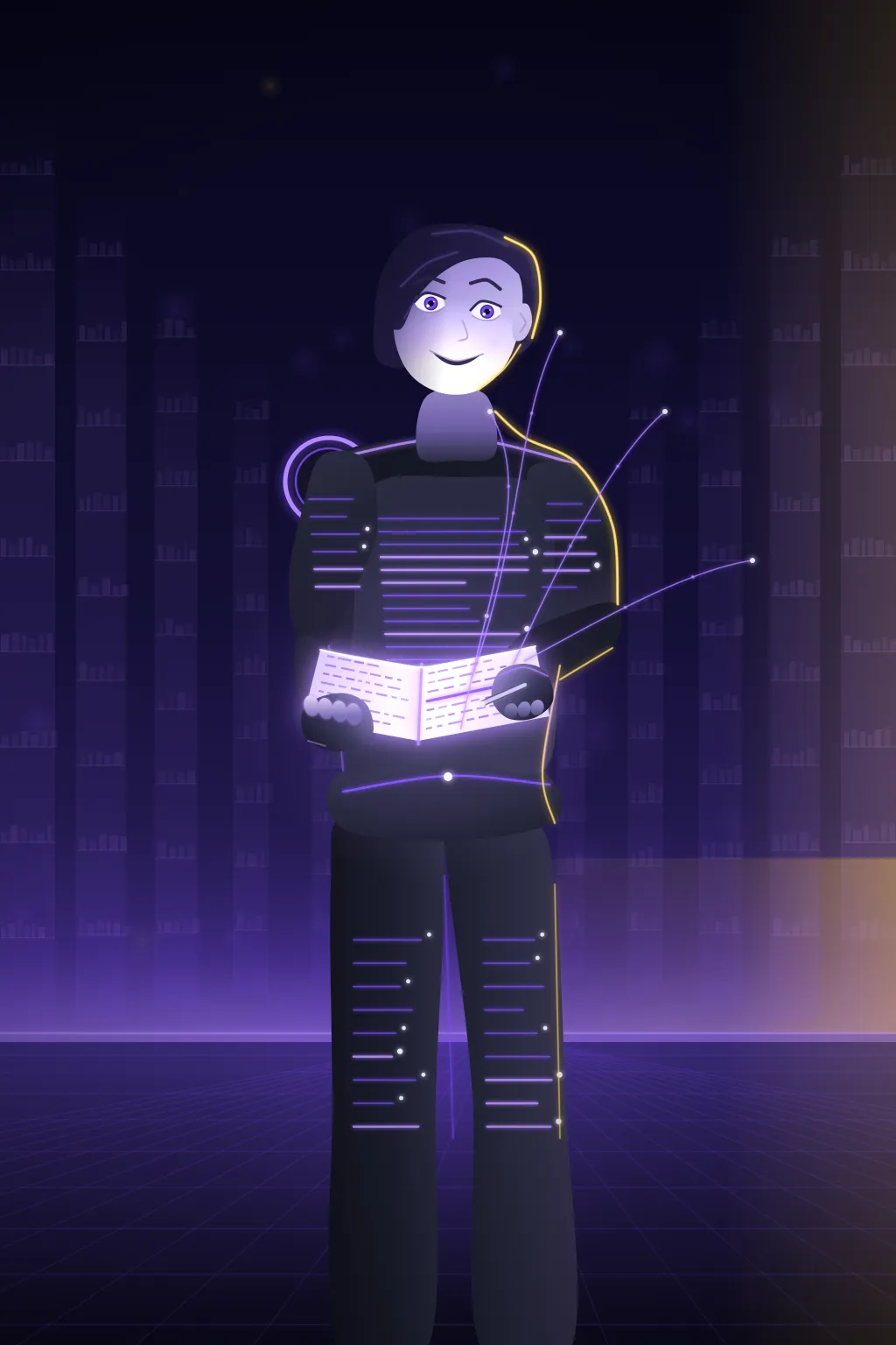 Quorra — a research program in a dark suit traced with violet light, smiling as she reads an open, glowing book whose light rises off the page in threads, standing in a library of data-column shelves with warm light breaking in from one side