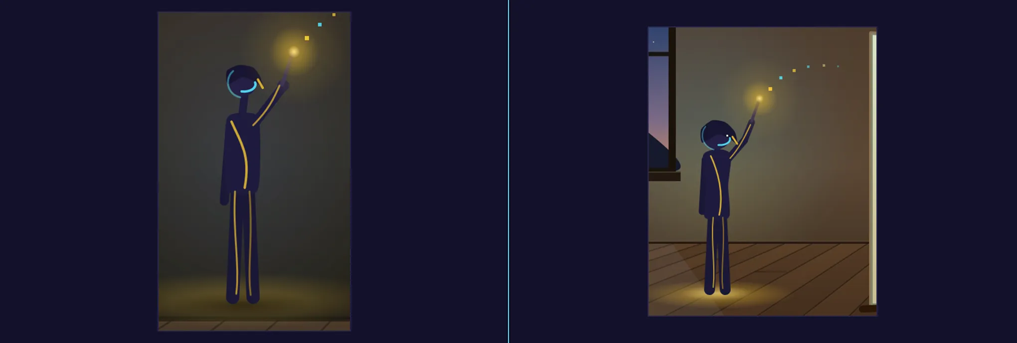 Two crops of the muse: in the first she is large, close, and lit against a flat wall; in the retake she stands smaller and farther back, between the window and the easel, her head seated on her shoulders