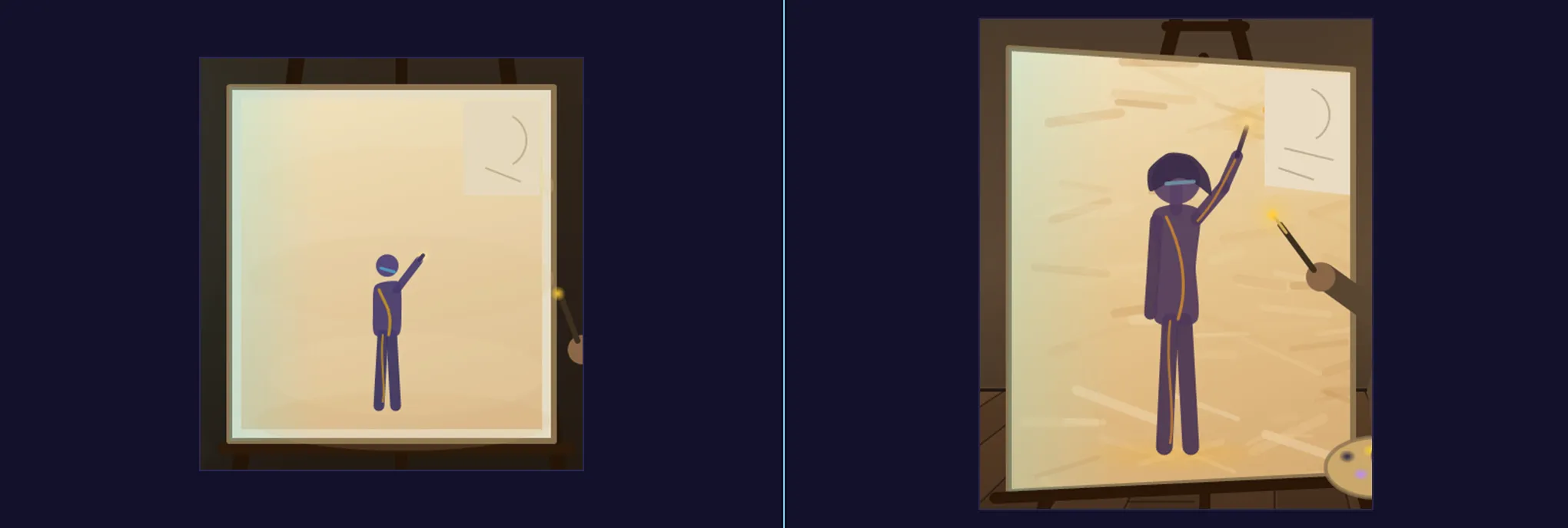 Two crops of the canvas on the easel: the first shows a small warm figure on a smooth cream wash; the retake shows the figure filling the canvas, painted in dozens of visible short strokes, with a raw unpainted corner and pencil marks