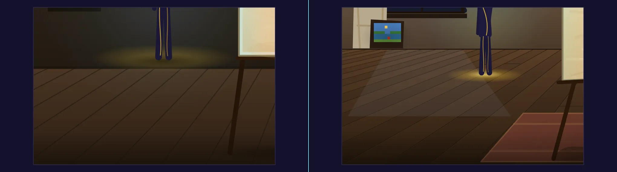 Two crops of the corner by the window: the first room’s floorboards fan out from below with a flat dark wall behind; the retake’s boards converge toward an eye level, the window’s blue light lies on the floor, and a small pixel painting leans against a bare canvas