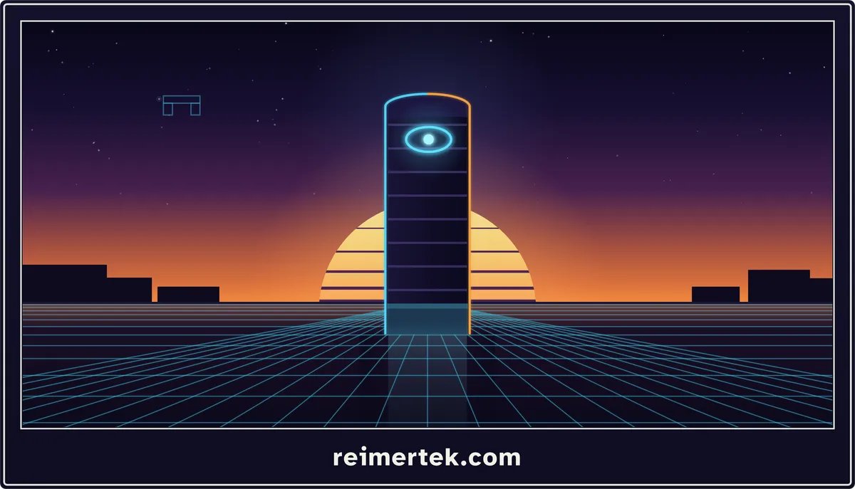 A dark monolith with a single cyan eye standing on a neon grid beneath a banded synthwave sun