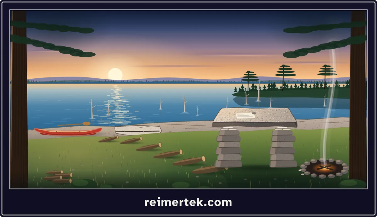 A backcountry campsite at sunset — red canoe on the shore, stone table, fire ring, sun across the lake
