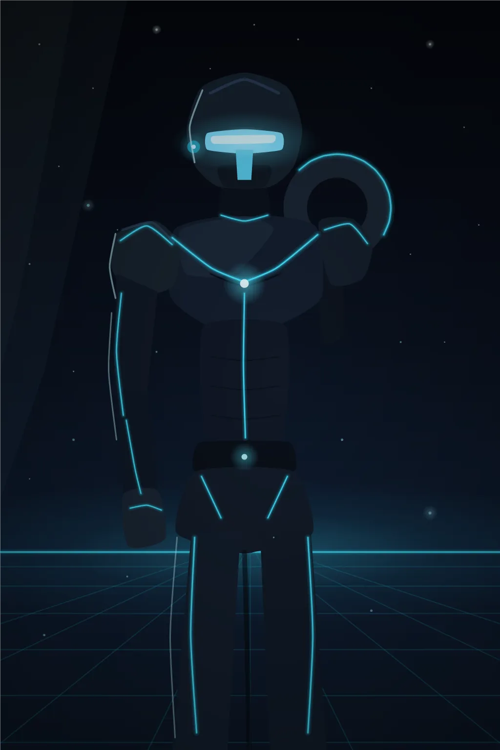 Tron — a dark armored sentinel program with glowing cyan circuit lines and a T-shaped visor, standing on a neon grid at night