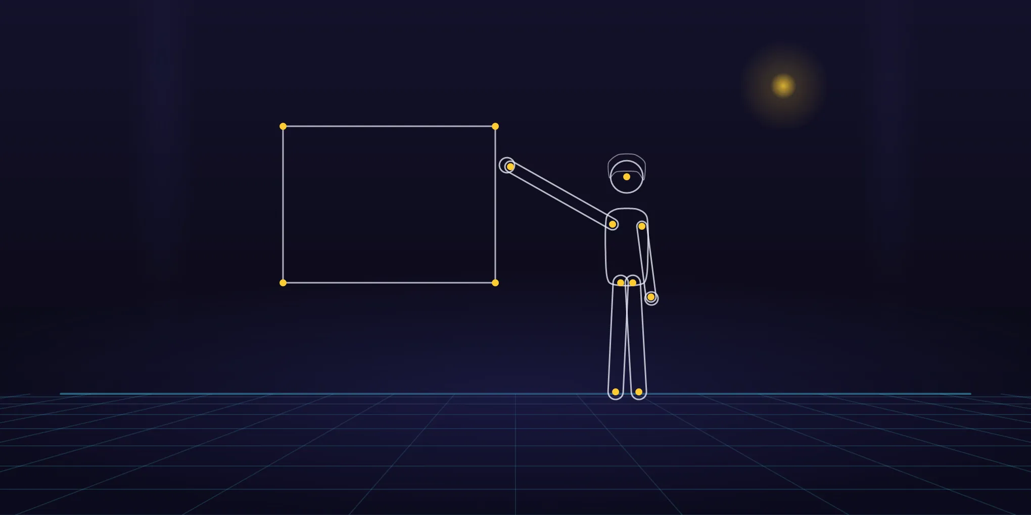 Step 4: the figure as bare geometry — a circle for the head, thick rounded lines for limbs, a curve through eight points for the torso, with the yellow joint dots visible
