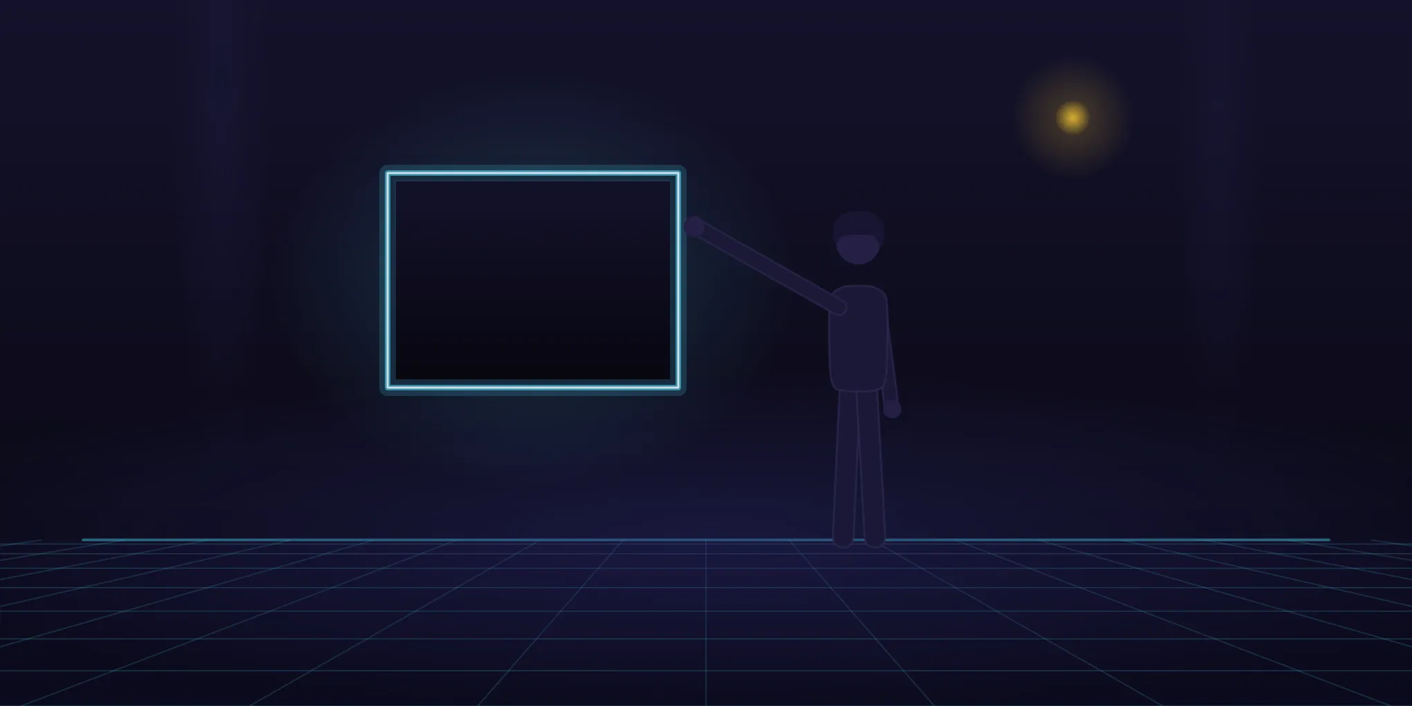 Step 5: the fills applied back to front — the canvas panel with its glowing frame, the figure filled in dark as a silhouette, and the Step 1 gradient repeated in miniature on the panel