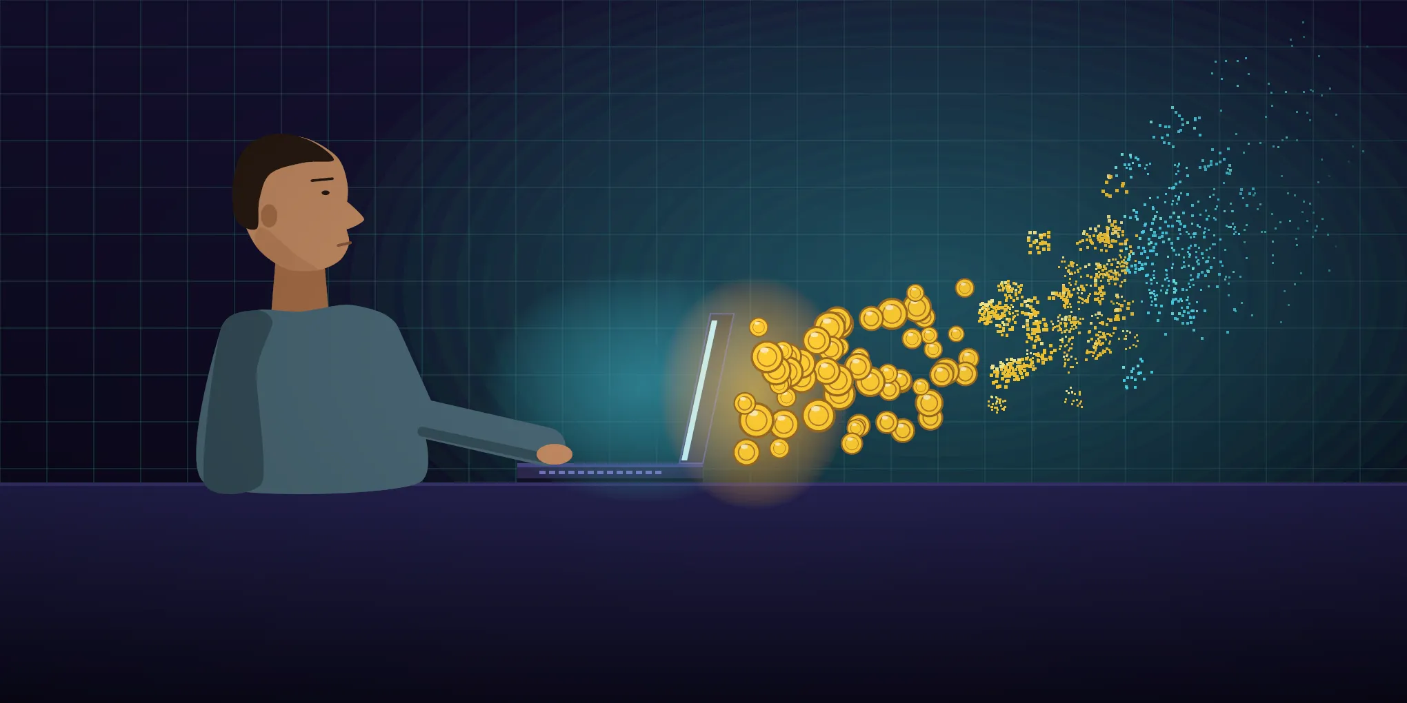 The shipped final: the figure at the laptop, coins pouring from the screen and dissolving into pixels