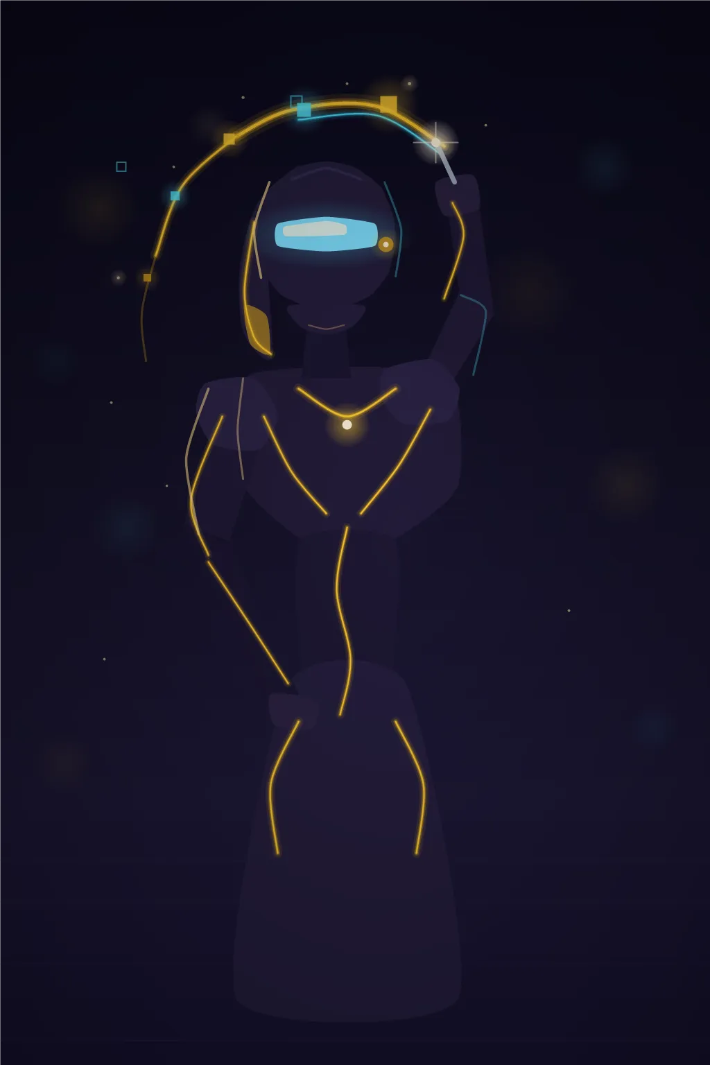 Yori — a slim program in dark armor with flowing amber circuit lines, one hand on her hip, raising a light-stylus with half-formed pixel artwork streaming from its tip